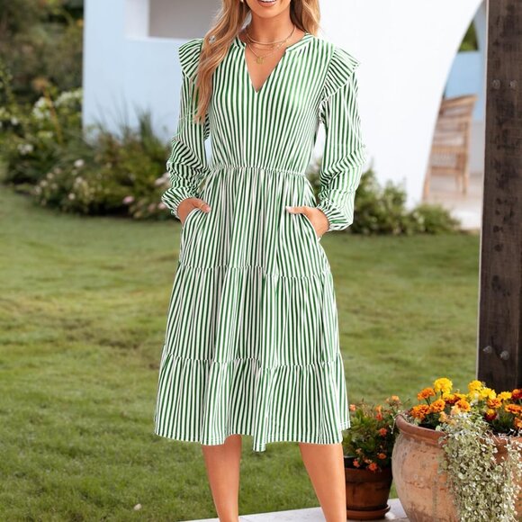 Womens Long Sleeve Midi Dress Casual Flowy Tiered V Neck Striped - Picture 5 of 6